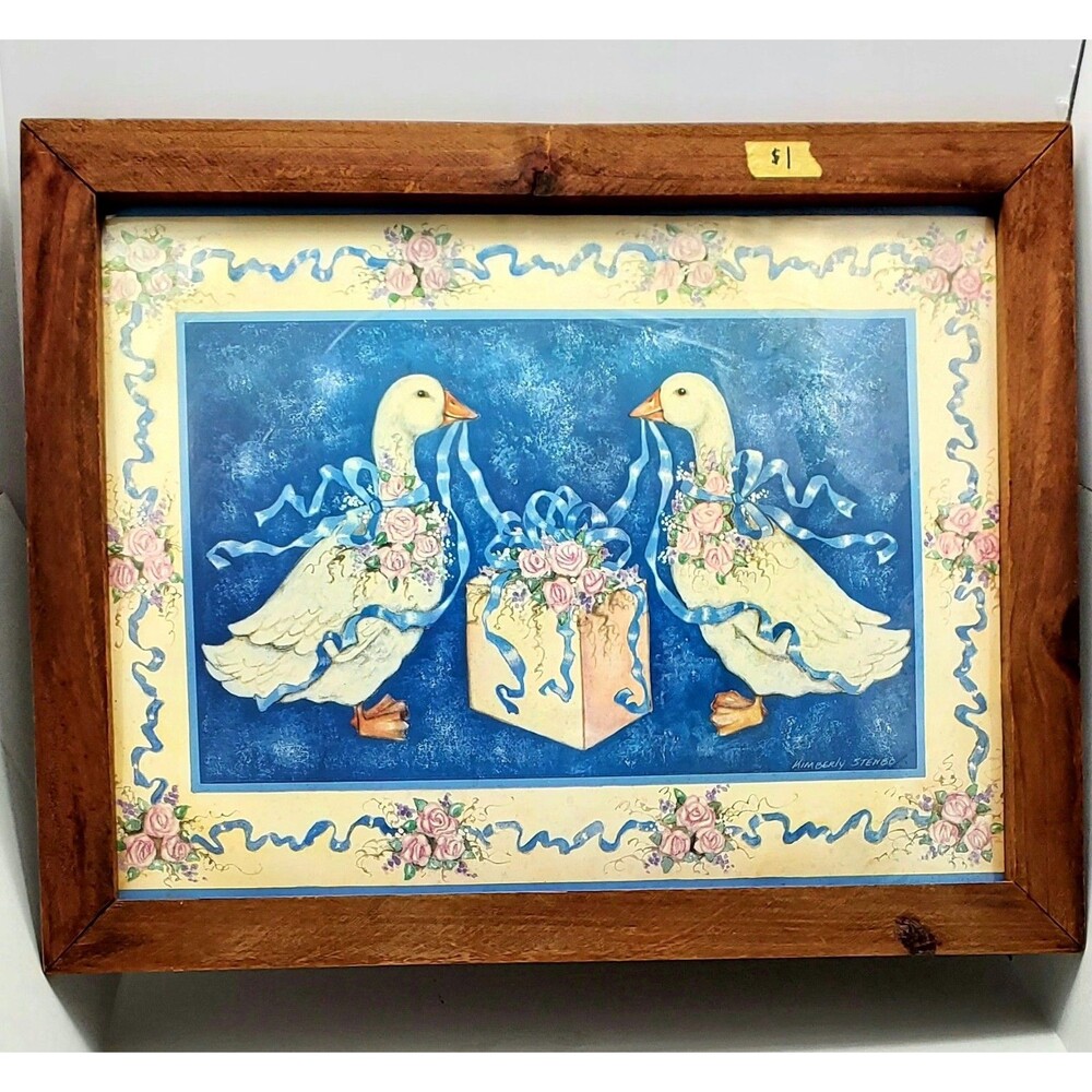 Vintage Kimberly Stenbo Geese Art Print Framed Cottagecore Country Decor